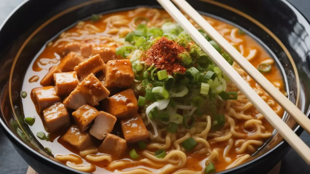Fiery Chicken Ramen with Creamy Garlic Sauce