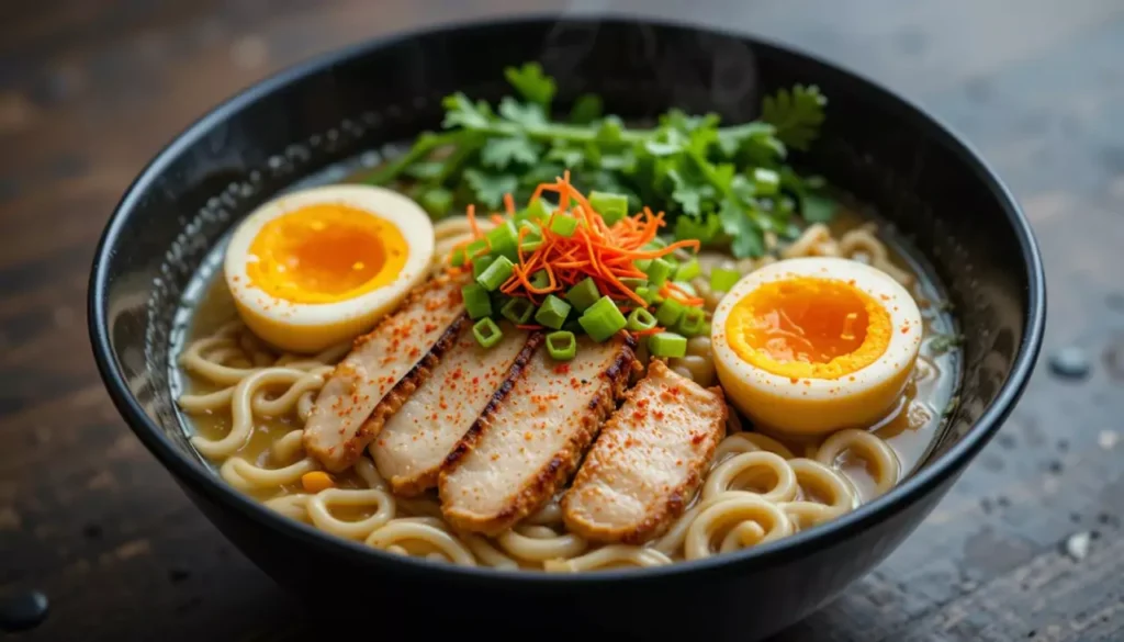 Fiery Chicken Ramen with Creamy Garlic Sauce