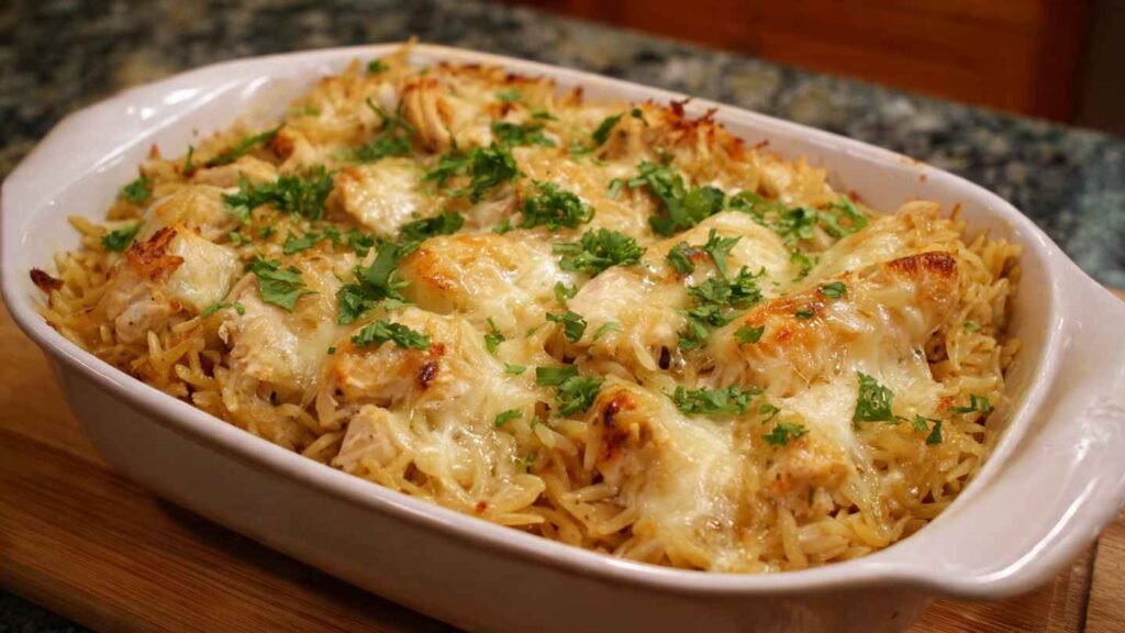 French Onion Chicken Orzo Casserole