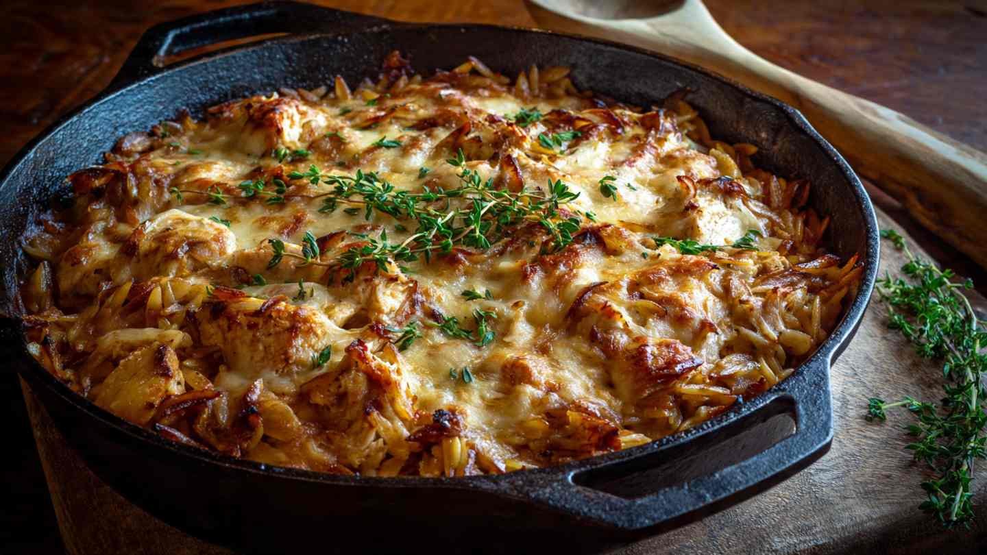 French Onion Chicken Orzo Casserole