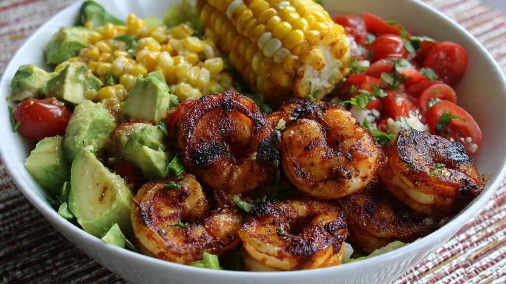 Grilled Shrimp Bowl with Avocado Corn Salsa