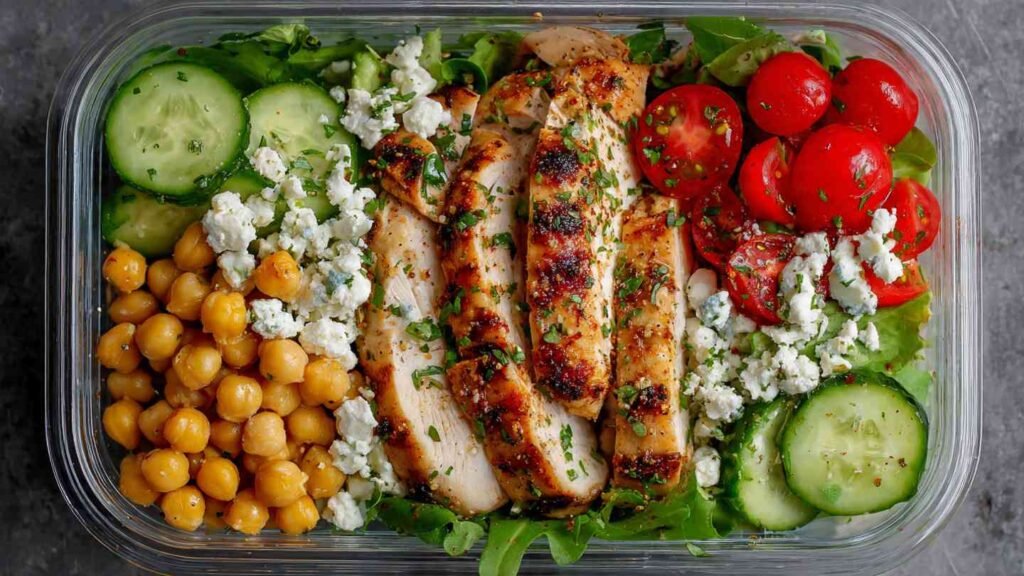 High Protein Meal Prep Salad with Chicken & Chickpeas