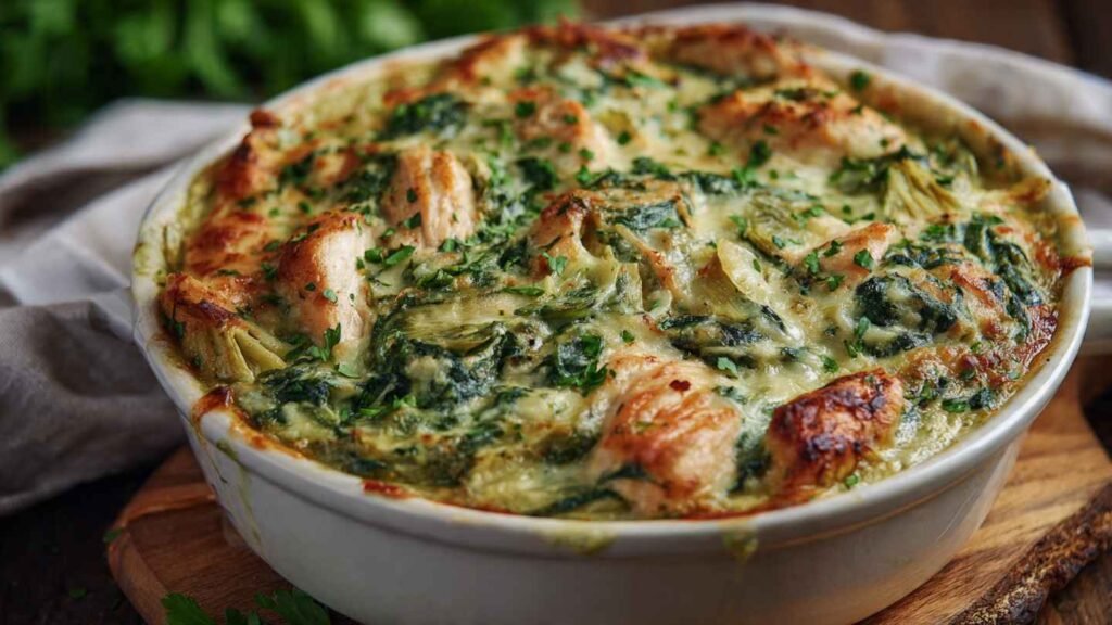 High Protein Spinach and Artichoke Chicken Casserole