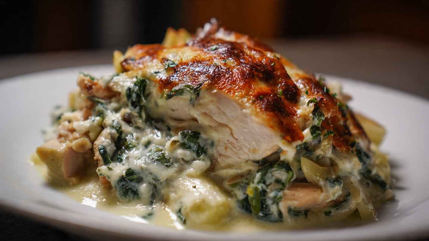 High Protein Spinach and Artichoke Chicken Casserole