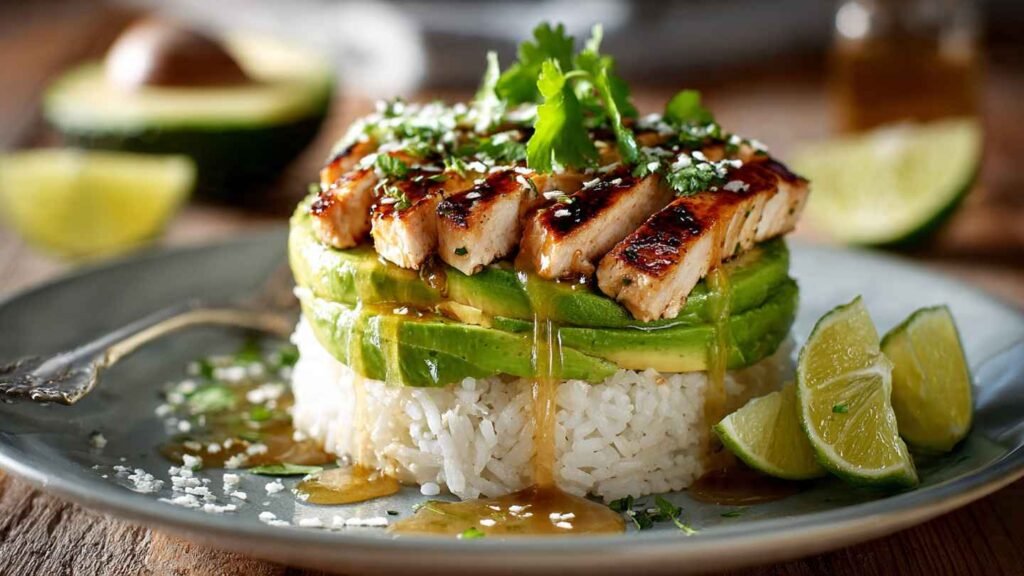 Honey Lime Chicken Avocado Rice Stack