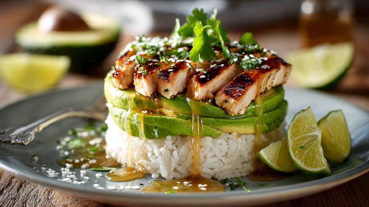 Honey Lime Chicken Avocado Rice Stack