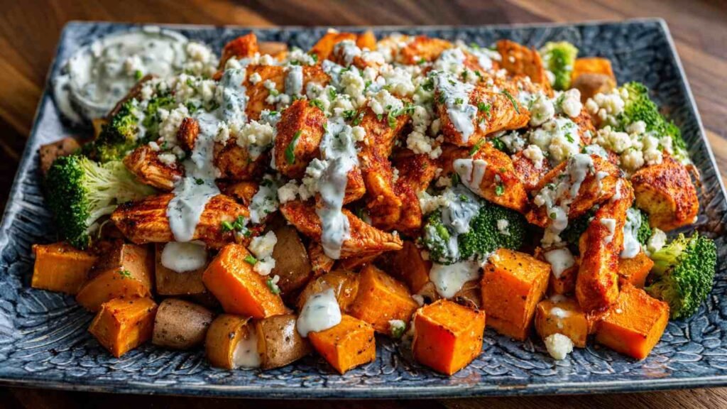 Sheet Pan Buffalo Chicken and Sweet Potato Bowls