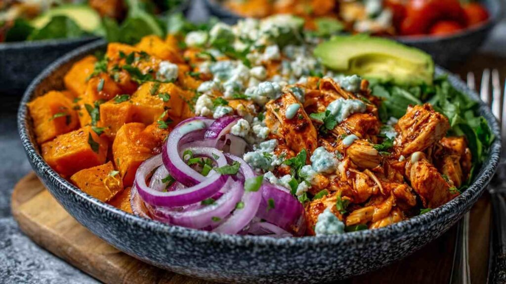 Sheet Pan Buffalo Chicken and Sweet Potato Bowls