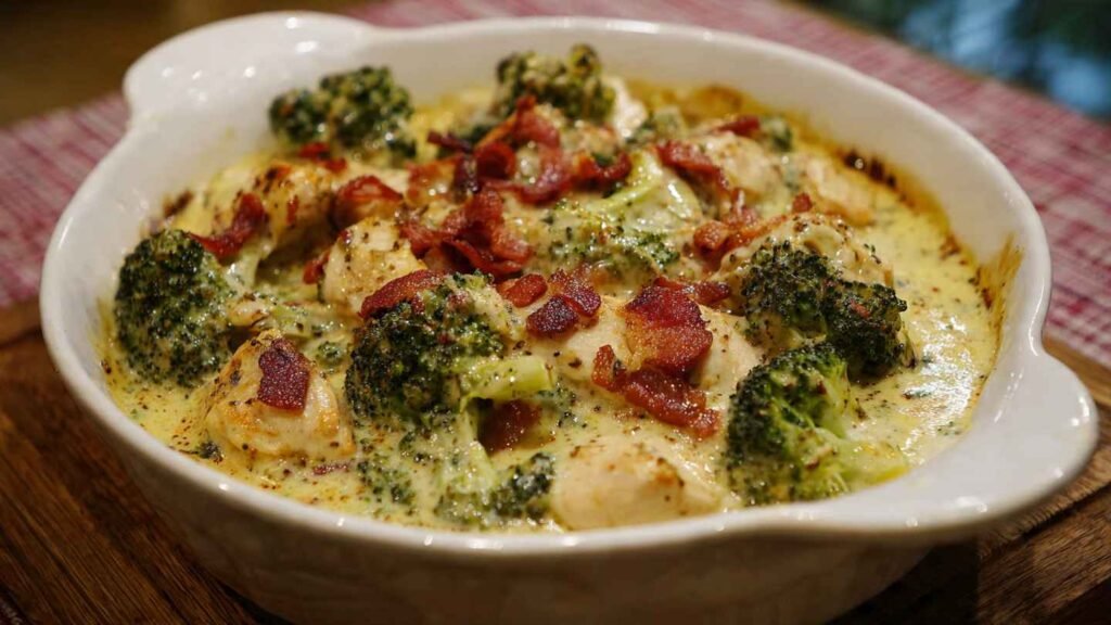 Creamy Low Carb Chicken Casserole with Broccoli and Bacon