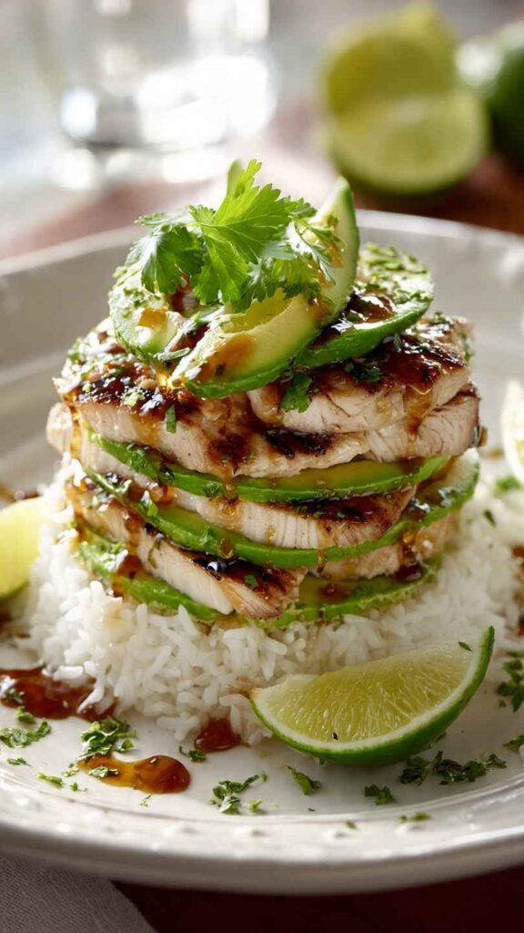 Honey Lime Chicken Avocado Rice Stack