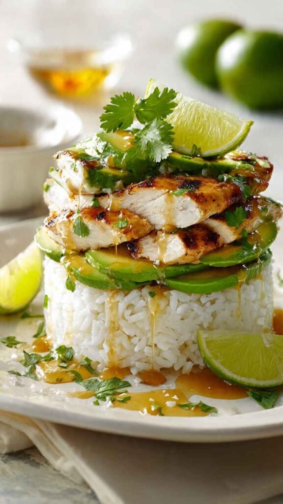 Honey Lime Chicken Avocado Rice Stack