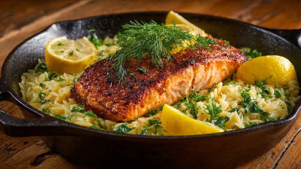 One Skillet Salmon with Lemon Orzo