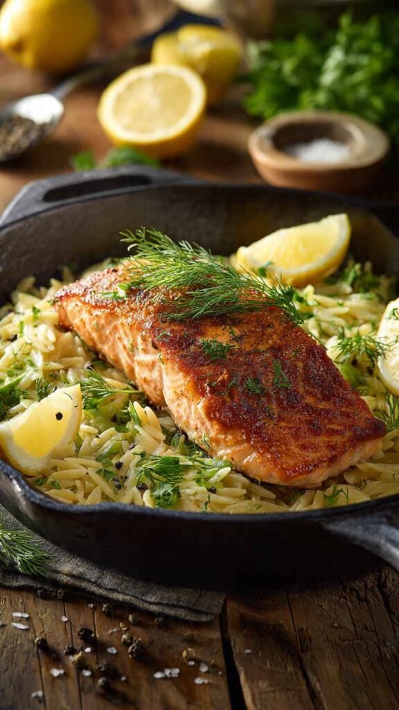 One Skillet Salmon with Lemon Orzo