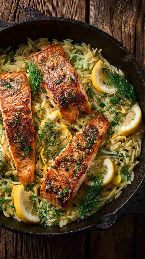 One Skillet Salmon with Lemon Orzo